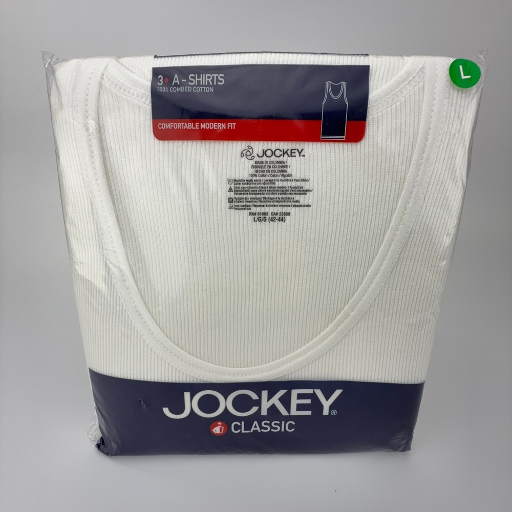 Jockey Classic Mens A-Shirt Undershirt 3-Pack White Ribbed Cotton‎ Large 9813